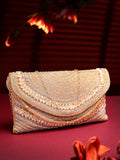 Anekaant Adorn Coral & Gold Stone Work Embellished Faux Silk Clutch