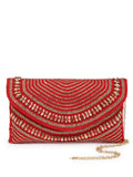 Anekaant Adorn Coral & Gold Stone Work Embellished Faux Silk Clutch