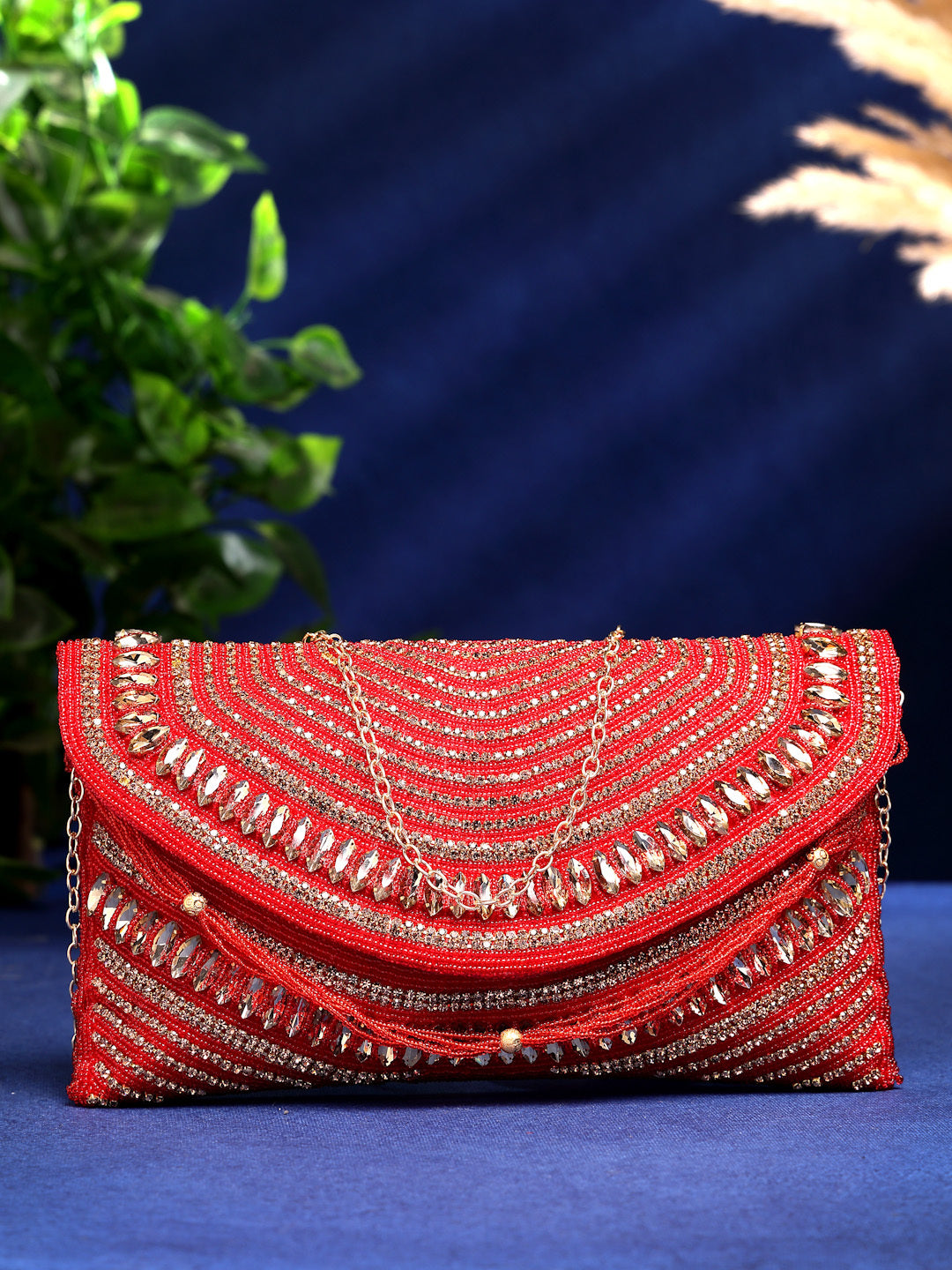 Adorn Stone Work Embellished Faux Silk Clutch