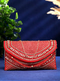 Anekaant Adorn Coral & Gold Stone Work Embellished Faux Silk Clutch