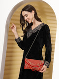 Anekaant Adorn Coral & Gold Stone Work Embellished Faux Silk Clutch