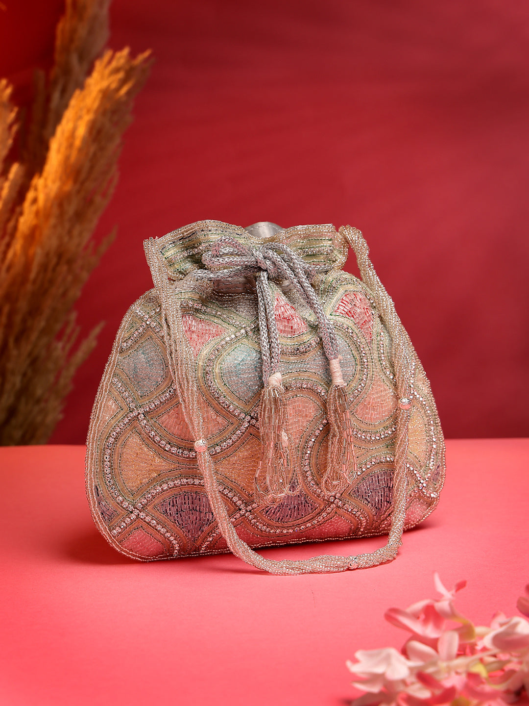 Dangle Vermicular Embellished Faux Silk Potli