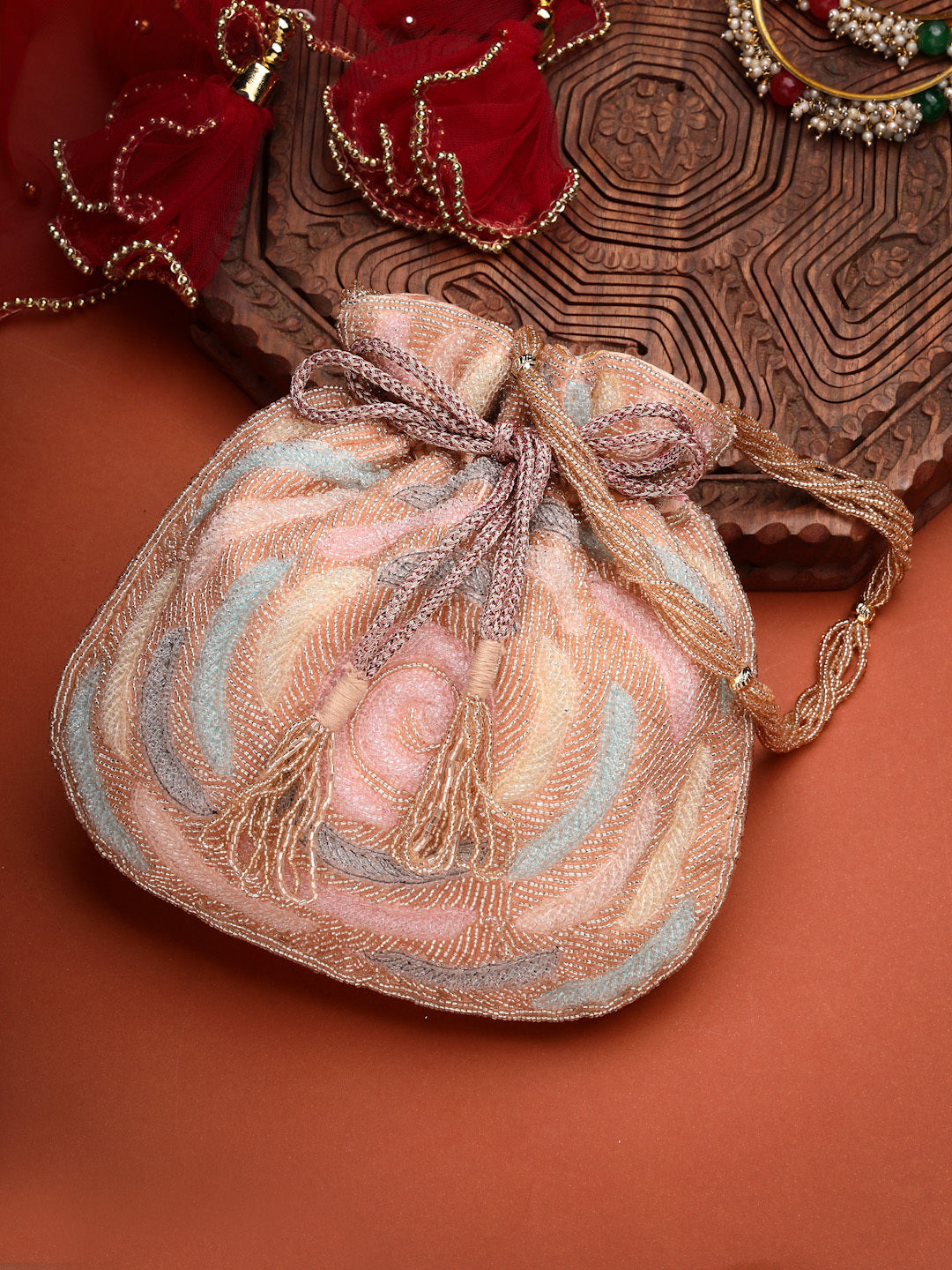Dangle Rose Embellished Faux Silk Potli