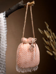 Dangle Striped Embellished Faux Silk Potli