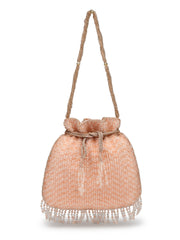 Dangle Striped Embellished Faux Silk Potli