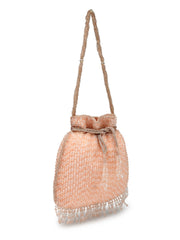 Dangle Striped Embellished Faux Silk Potli