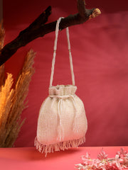 Dangle Striped Embellished Faux Silk Potli