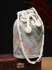 Dangle Chevron Embellished Faux Silk Potli