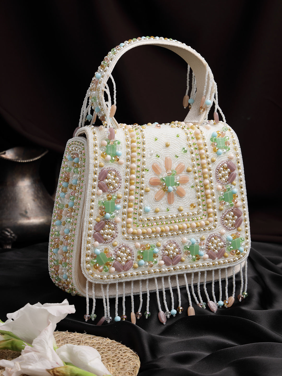 Anekaant Blush & Bead Ivory Satin Concentric Beadwork Embellished Clutch