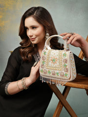 Anekaant Blush & Bead Ivory Satin Concentric Beadwork Embellished Clutch