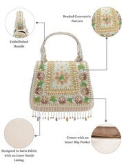 Anekaant Blush & Bead Ivory Satin Concentric Beadwork Embellished Clutch