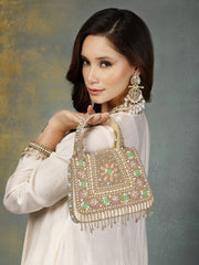 Anekaant Blush & Bead Gold Satin Concentric Beadwork Embellished Clutch