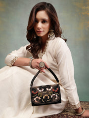 Anekaant Beaded Botanica Black Suede Swirl Embellished Clutch