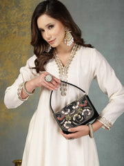 Anekaant Beaded Botanica Black Suede Swirl Embellished Clutch