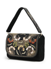 Anekaant Beaded Botanica Black Suede Swirl Embellished Clutch