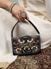 Anekaant Beaded Botanica Black Suede Swirl Embellished Clutch