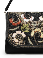 Anekaant Beaded Botanica Black Suede Swirl Embellished Clutch