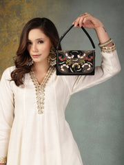 Anekaant Beaded Botanica Black Suede Swirl Embellished Clutch
