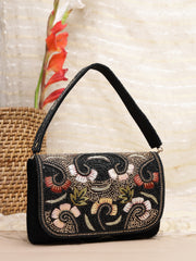 Anekaant Beaded Botanica Black Suede Swirl Embellished Clutch