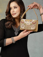 Anekaant Beaded Botanica Gold Suede Swirl Embellished Clutch