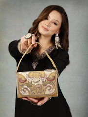Anekaant Beaded Botanica Gold Suede Swirl Embellished Clutch