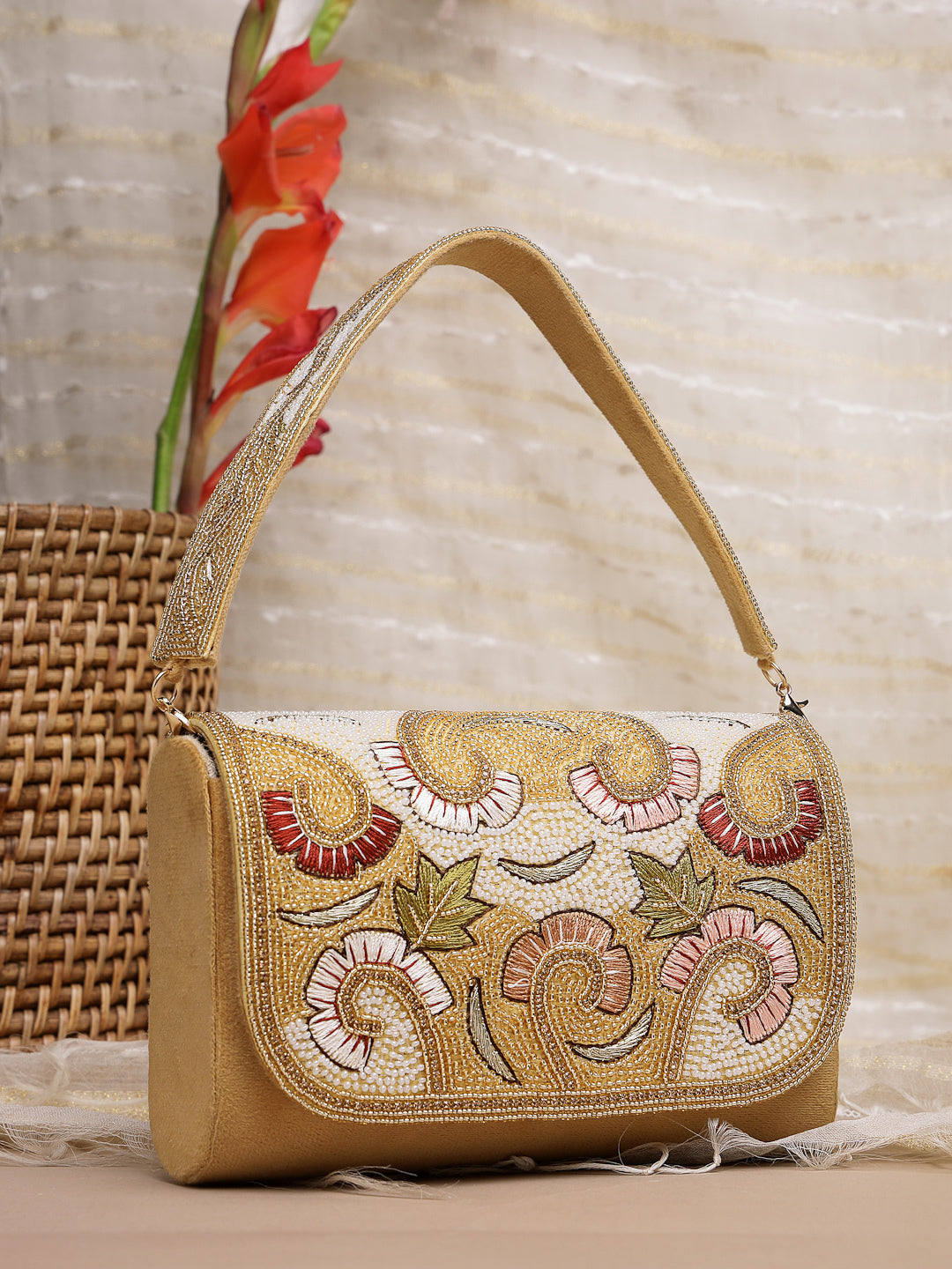 Anekaant Beaded Botanica Gold Suede Swirl Embellished Clutch