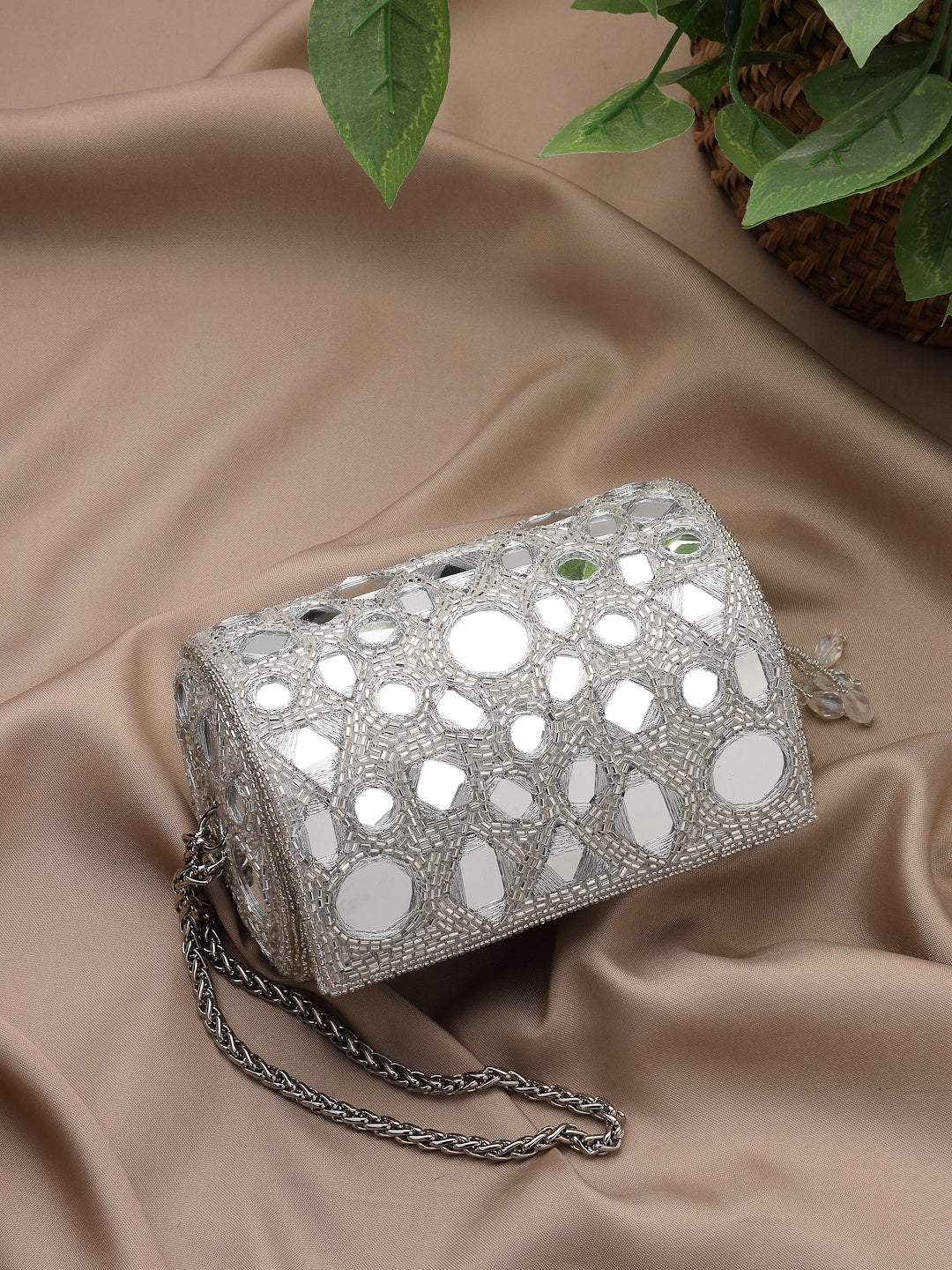 Anekaant Tipify Metallic Silver Geometric Mirror Embellished Clutch