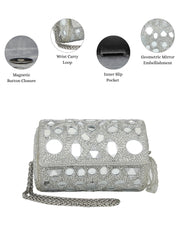 Anekaant Tipify Metallic Silver Geometric Mirror Embellished Clutch