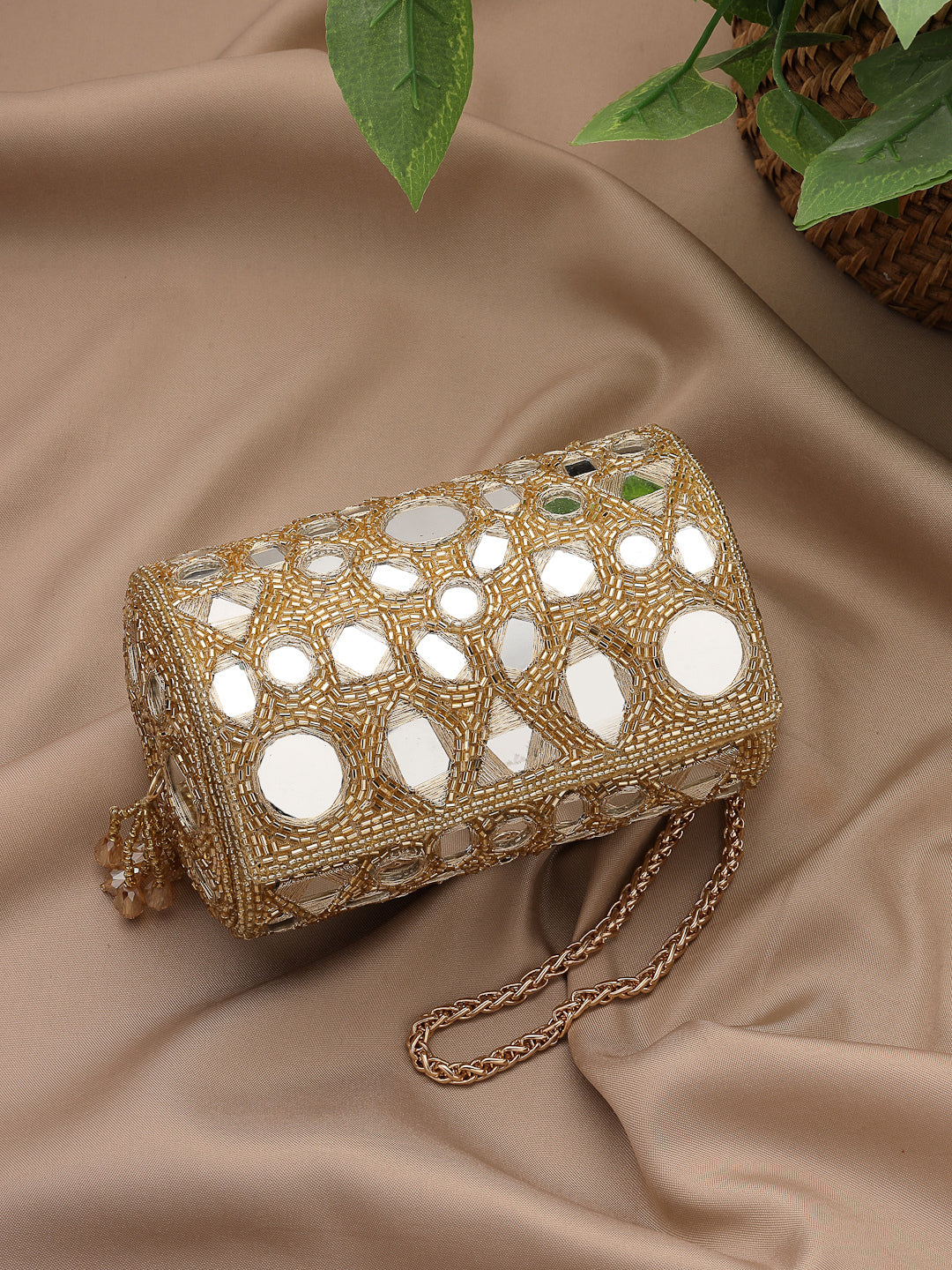 Anekaant Tipify Metallic Gold Geometric Mirror Embellished Clutch