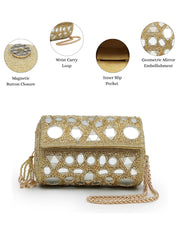 Anekaant Tipify Metallic Gold Geometric Mirror Embellished Clutch