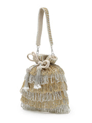 Anekaant Dewdrop Fringe Metallic Gold & Silver Suede Beaded Potli