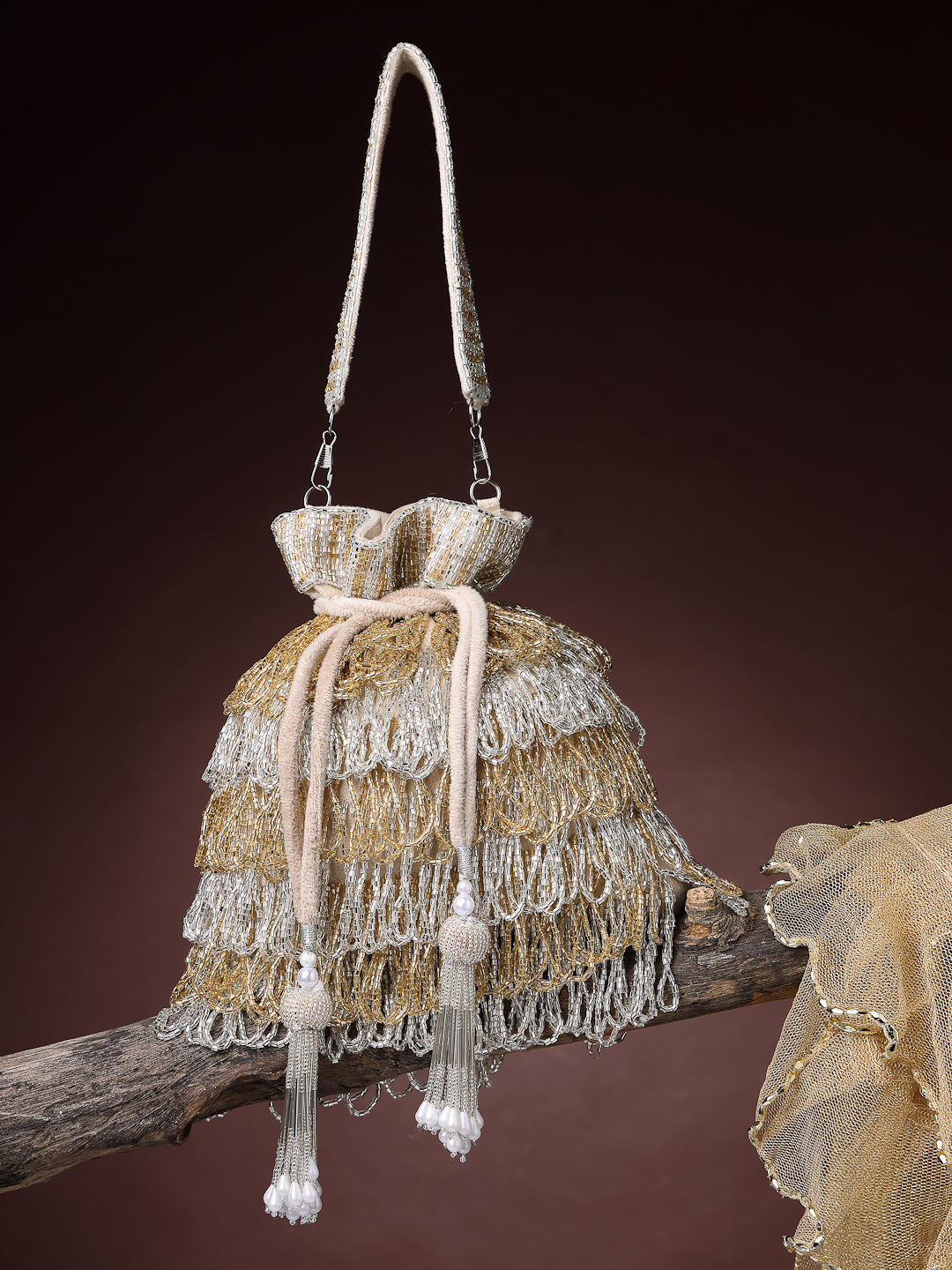 Anekaant Dewdrop Fringe Metallic Gold & Silver Suede Beaded Potli