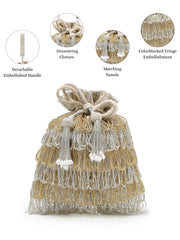 Anekaant Dewdrop Fringe Metallic Gold & Silver Suede Beaded Potli