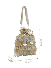 Anekaant Dewdrop Fringe Metallic Gold & Silver Suede Beaded Potli