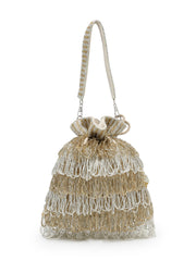 Anekaant Dewdrop Fringe Metallic Gold & Silver Suede Beaded Potli