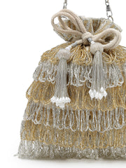 Anekaant Dewdrop Fringe Metallic Gold & Silver Suede Beaded Potli
