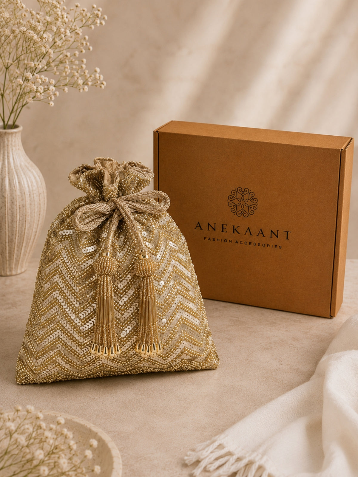 Noor Edit  Chevron Sequin Embellished Potli with signature gift box  | Party & Festive Gift for Women