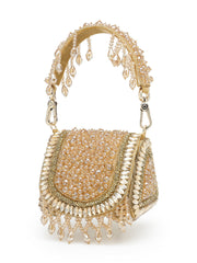 Anekaant Crystal Cascade Champagne Gold Suede Embellished Clutch