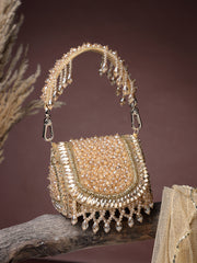 Anekaant Crystal Cascade Champagne Gold Suede Embellished Clutch