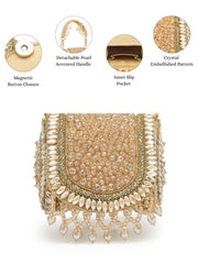 Anekaant Crystal Cascade Champagne Gold Suede Embellished Clutch