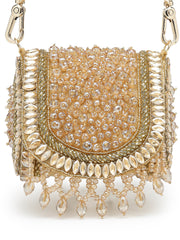 Anekaant Crystal Cascade Champagne Gold Suede Embellished Clutch