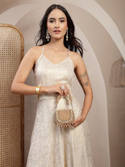 Anekaant Crystal Cascade Champagne Gold Suede Embellished Clutch
