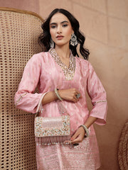 Anekaant Blush & Bead Dusky Pink & Pastel Multi Suede Embellished Clutch