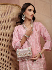 Anekaant Blush & Bead Dusky Pink & Pastel Multi Suede Embellished Clutch