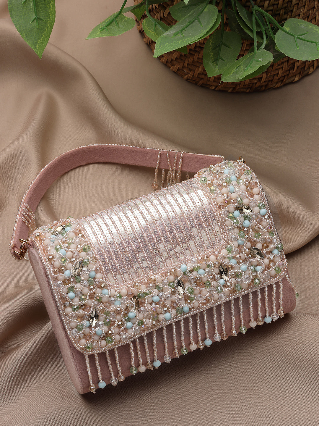 Anekaant Blush & Bead Dusky Pink & Pastel Multi Suede Embellished Clutch