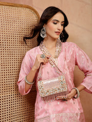 Anekaant Blush & Bead Dusky Pink & Pastel Multi Suede Embellished Clutch