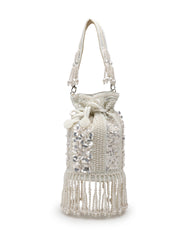 Anekaant Dewdrop Fringe Ivory Pearl White 3D Floral Embellished Potli