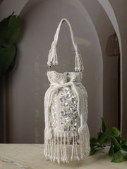 Anekaant Dewdrop Fringe Ivory Pearl White 3D Floral Embellished Potli