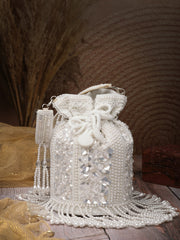 Anekaant Dewdrop Fringe Ivory Pearl White 3D Floral Embellished Potli