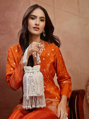 Anekaant Dewdrop Fringe Ivory Pearl White 3D Floral Embellished Potli